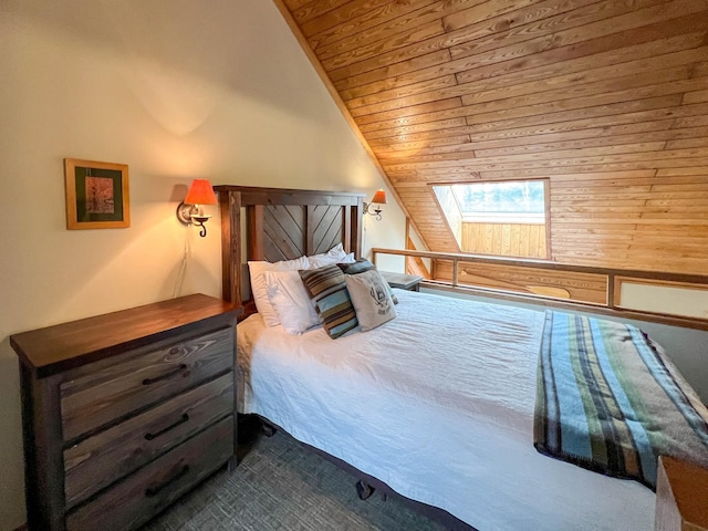 529 Moose Mountain Dr, Lutsen Twp, MN 55615 - bedroom featuring lofted ceiling, wooden ceiling, and a skylight