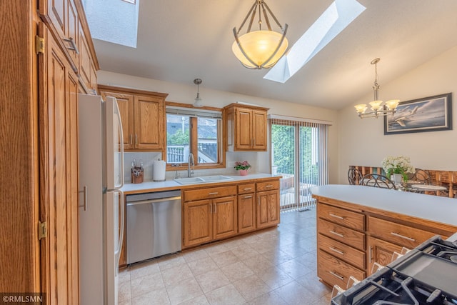 2226 Whispering Trl, Eagan, MN 55122 - kitchen with a skylight, a sink, stainless steel dishwasher, freestanding refrigerator, and light countertops