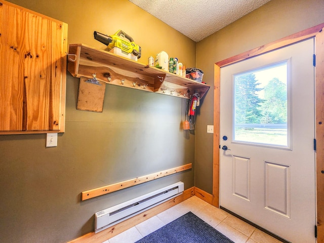 10547 Vermeil Dr NE, Deer River, MN 56636 - doorway with a baseboard radiator, a textured ceiling, and tile patterned flooring