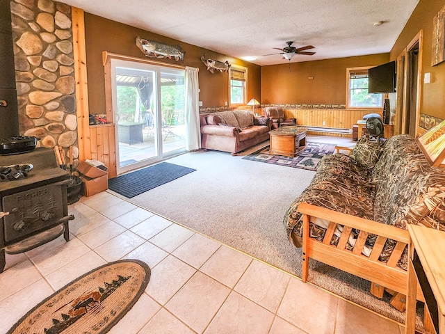 10547 Vermeil Dr NE, Deer River, MN 56636 - living room with a wood stove, carpet floors, a textured ceiling, ceiling fan, and wainscoting