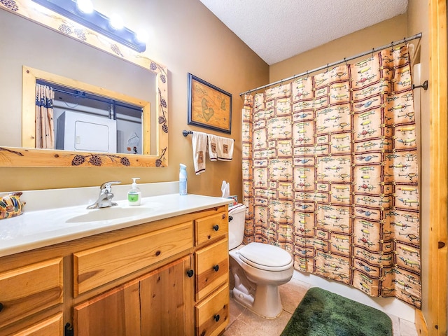 10547 Vermeil Dr NE, Deer River, MN 56636 - bathroom with toilet, vanity, tile patterned floors, a textured ceiling, and curtained shower