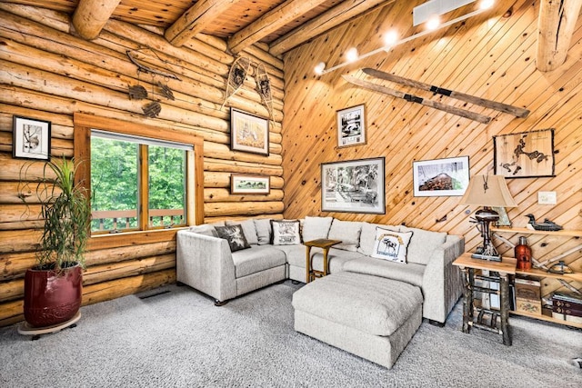 45517 County Road 346, Balsam Twp, MN 55709 - living room featuring carpet flooring, a wood ceiling with exposed beams, and rustic walls
