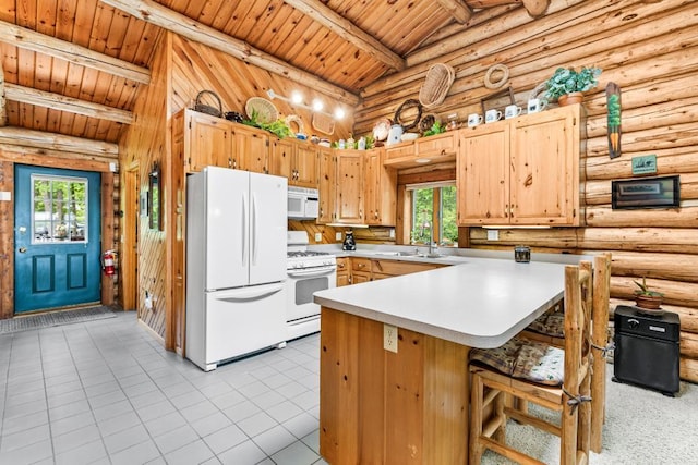 45517 County Road 346, Balsam Twp, MN 55709 - kitchen featuring white appliances, a wooden ceiling with exposed beams, log walls, plenty of natural light, and light countertops