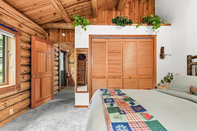 45517 County Road 346, Balsam Twp, MN 55709 - bedroom with rustic walls, wooden ceiling, carpet flooring, and a closet