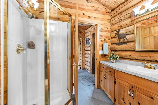45517 County Road 346, Balsam Twp, MN 55709 - bathroom featuring log walls, vanity, a stall shower, tile patterned floors, and vaulted ceiling