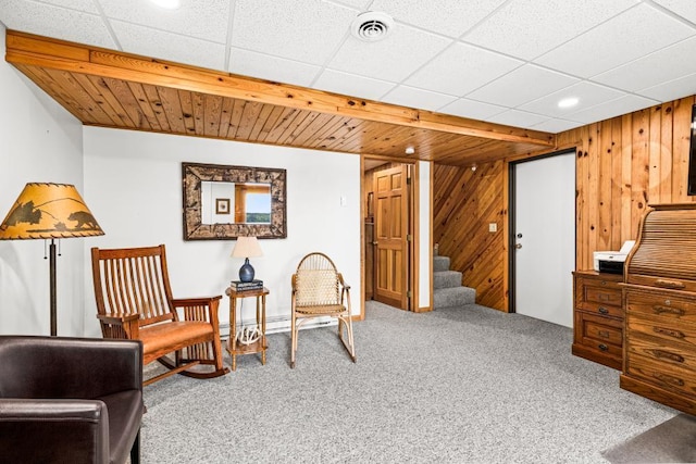 45517 County Road 346, Balsam Twp, MN 55709 - living area with carpet, stairway, wooden walls, and recessed lighting