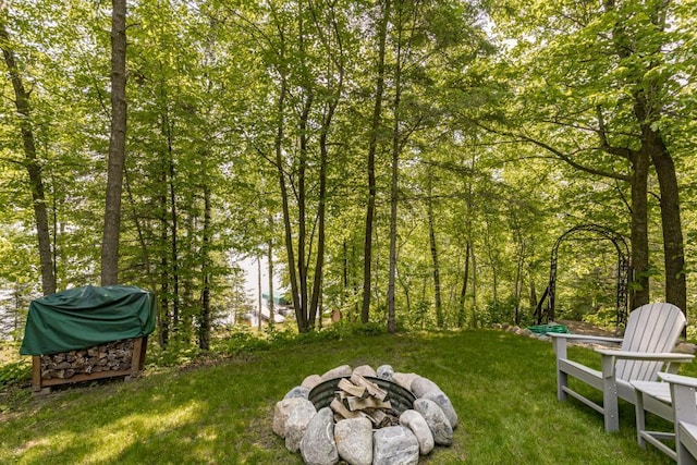45517 County Road 346, Balsam Twp, MN 55709 - view of grassy yard with an outdoor fire pit