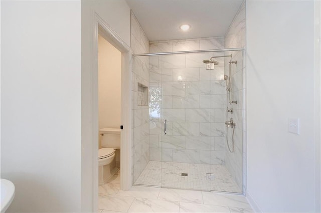 TBB403 College St, Northfield, MN 55057 - bathroom with toilet, a shower stall, marble finish flooring, baseboards, and recessed lighting