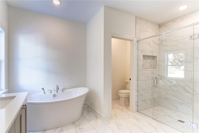 TBB403 College St, Northfield, MN 55057 - full bathroom featuring a freestanding tub, toilet, a stall shower, marble finish flooring, and healthy amount of natural light