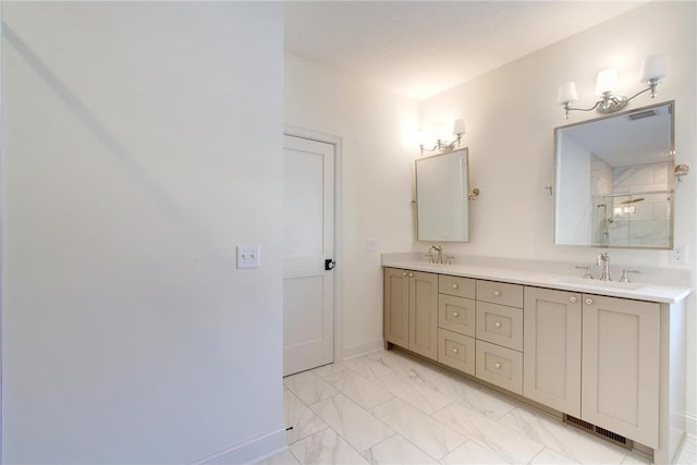 TBB403 College St, Northfield, MN 55057 - full bathroom with marble look tile flooring, double vanity, a shower stall, and baseboards