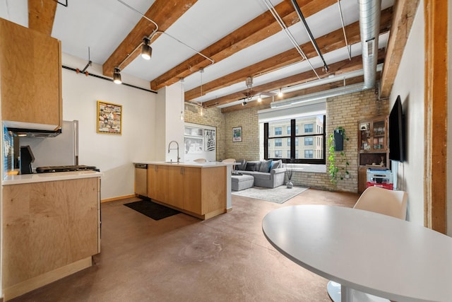 406 Wacouta St Unit 601, Saint Paul, MN 55101 - kitchen featuring brick wall, a peninsula, concrete flooring, open floor plan, and a sink