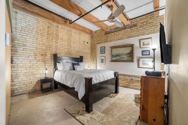 406 Wacouta St Unit 601, Saint Paul, MN 55101 - bedroom featuring brick wall, concrete floors, beamed ceiling, and ceiling fan