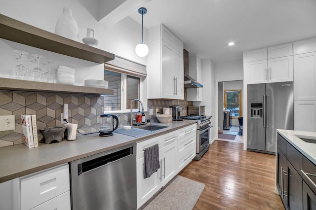 11260 Hidden Oaks Ct N, Champlin, MN 55316 - kitchen featuring high end appliances, open shelves, a sink, decorative backsplash, and wood finished floors