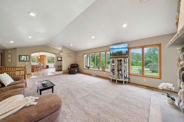 N1931 110th St, Union Twp, WI 54761 - carpeted living area with lofted ceiling, baseboards, and arched walkways