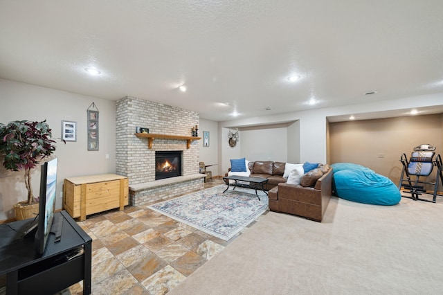 N1931 110th St, Union Twp, WI 54761 - living area with a brick fireplace, light stone finish floors, and recessed lighting