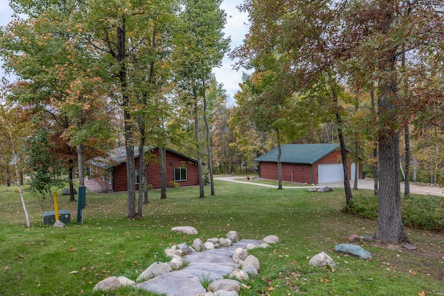 1087 Horseshoe Dr NW, Backus, MN 56435 - view of grassy yard featuring an outdoor structure, a detached garage, and concrete driveway