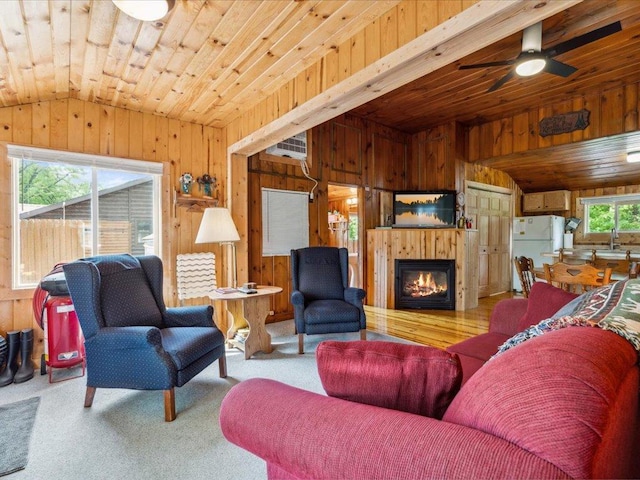 30202 Circle Dr, Breezy Point, MN 56472 - carpeted living area featuring wooden walls, vaulted ceiling, a glass covered fireplace, wooden ceiling, and ceiling fan