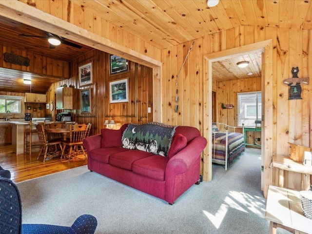 30202 Circle Dr, Breezy Point, MN 56472 - living area with wooden walls, carpet, wood ceiling, and vaulted ceiling