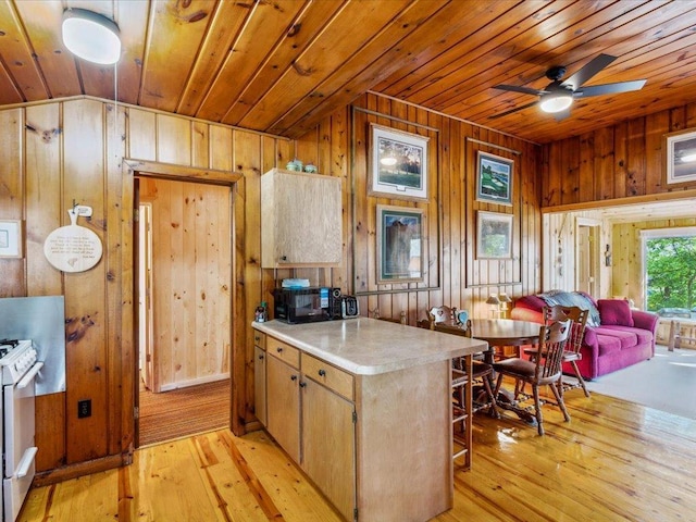 30202 Circle Dr, Breezy Point, MN 56472 - kitchen featuring wooden ceiling, wood walls, gas range gas stove, light countertops, and light wood finished floors