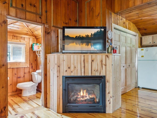30202 Circle Dr, Breezy Point, MN 56472 - detailed view of freestanding refrigerator, wood walls, a lit fireplace, and wood finished floors