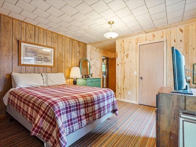 30202 Circle Dr, Breezy Point, MN 56472 - carpeted bedroom featuring wood walls, a wood stove, baseboards, and a closet