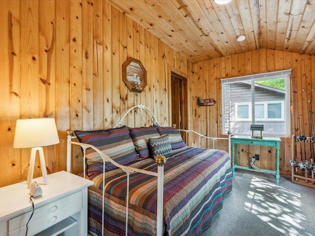 30202 Circle Dr, Breezy Point, MN 56472 - carpeted bedroom featuring vaulted ceiling, wood walls, and wood ceiling