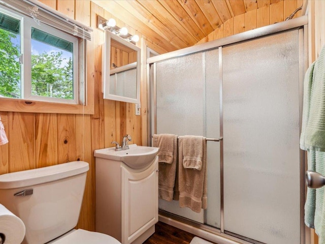 30202 Circle Dr, Breezy Point, MN 56472 - full bathroom with wood walls, vanity, a stall shower, toilet, and vaulted ceiling