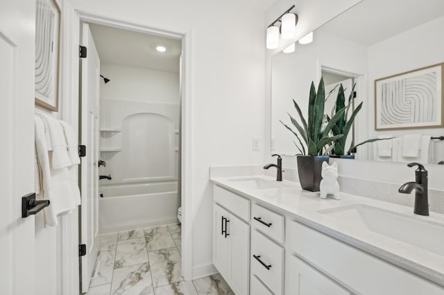 9874 49th St NE, Saint Michael, MN 55376 - full bathroom with marble look tile flooring, double vanity, toilet, shower / tub combination, and baseboards