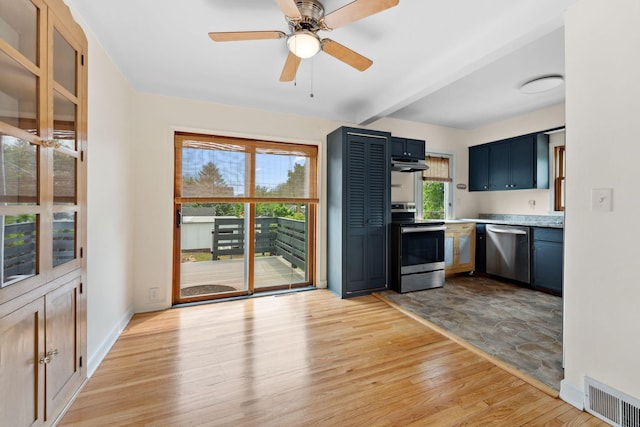 5257 27th Ave S, Minneapolis, MN 55417 - kitchen with appliances with stainless steel finishes, under cabinet range hood, blue cabinets, light wood-style flooring, and light countertops