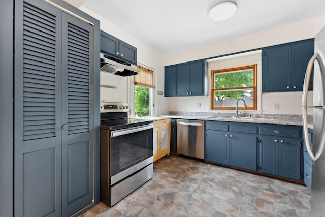 5257 27th Ave S, Minneapolis, MN 55417 - kitchen with appliances with stainless steel finishes, a sink, under cabinet range hood, light stone finish flooring, and light countertops