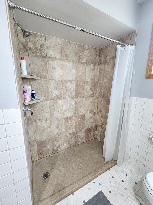 509 Clyde St, West Concord, MN 55985 - full bathroom with a shower stall, toilet, tile walls, and tile patterned floors