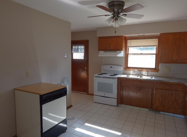 1052 36th Ave N, Saint Cloud, MN 56303 - kitchen with white appliances, under cabinet range hood, a sink, brown cabinetry, and ceiling fan