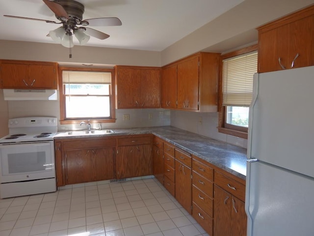 1052 36th Ave N, Saint Cloud, MN 56303 - kitchen featuring white appliances, a sink, under cabinet range hood, and brown cabinetry