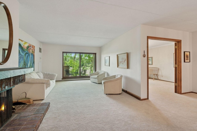 6670 Vernon Ave S Unit 301, Edina, MN 55436 - carpeted living area featuring a brick fireplace and baseboards