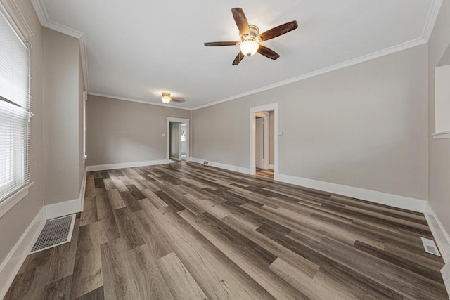 2939 Linden Ave, Slayton, MN 56172 - unfurnished room with wood finished floors, ceiling fan, plenty of natural light, baseboards, and crown molding