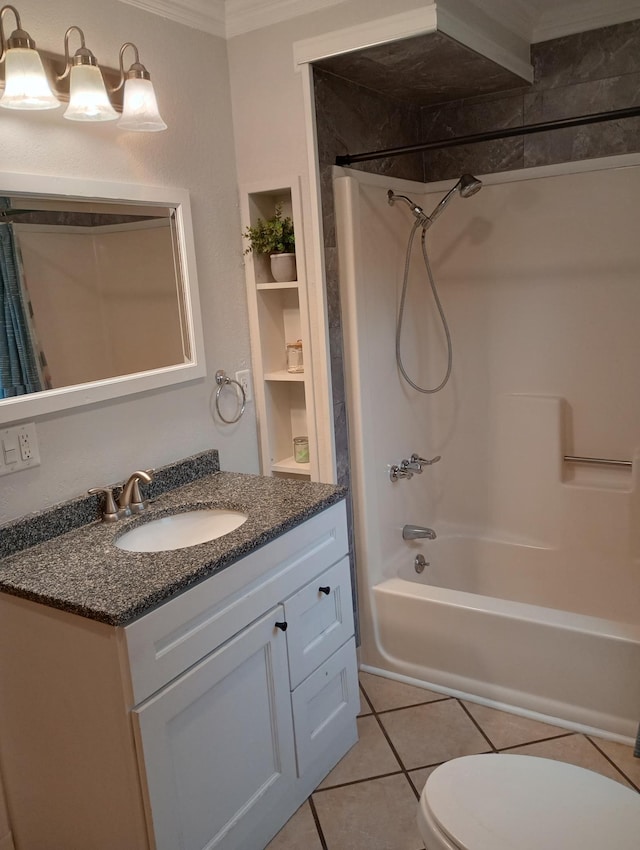 232 2nd St NW, Menahga, MN 56464 - full bath featuring vanity, ornamental molding, shower / tub combo with curtain, and tile patterned flooring