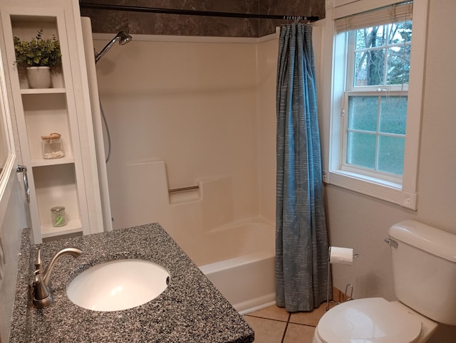 232 2nd St NW, Menahga, MN 56464 - bathroom with shower / bathtub combination with curtain, tile patterned flooring, and vanity