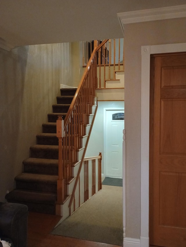 232 2nd St NW, Menahga, MN 56464 - stairway featuring ornamental molding and wood finished floors