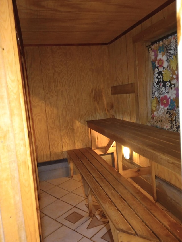232 2nd St NW, Menahga, MN 56464 - sauna featuring wood ceiling, wood walls, and tile patterned floors