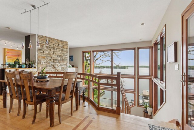 3850 Lone Cedar Ln, Chanhassen, MN 55318 - dining area with rail lighting, wood finished floors, and a water view