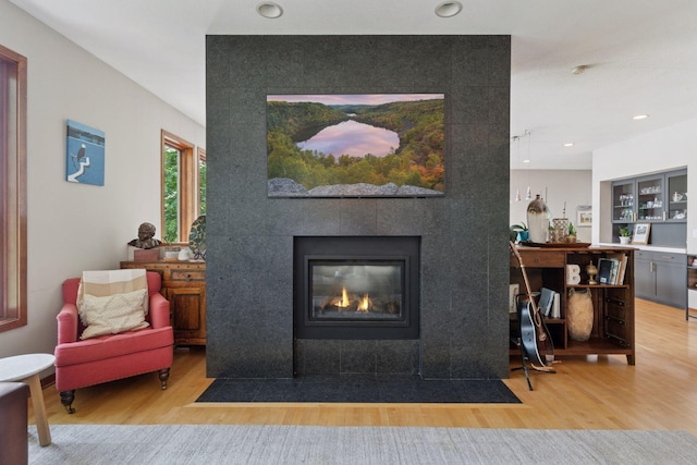 3850 Lone Cedar Ln, Chanhassen, MN 55318 - living area featuring wood finished floors, a fireplace, and recessed lighting
