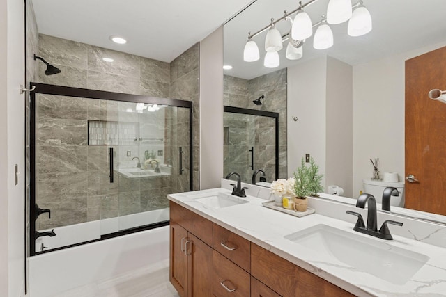 3850 Lone Cedar Ln, Chanhassen, MN 55318 - bathroom with enclosed tub / shower combo, toilet, double vanity, and recessed lighting