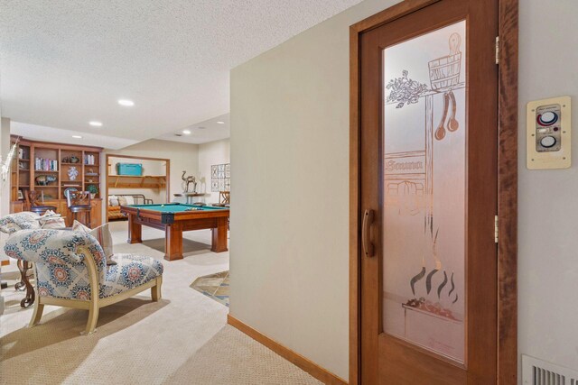 3850 Lone Cedar Ln, Chanhassen, MN 55318 - game room with carpet, billiards, recessed lighting, a textured ceiling, and baseboards
