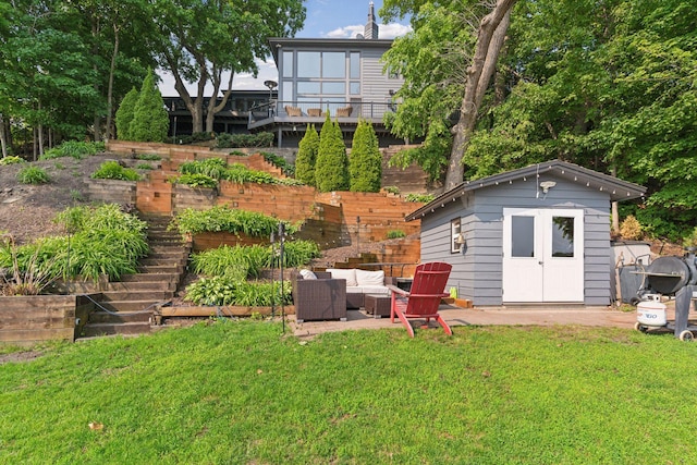 3850 Lone Cedar Ln, Chanhassen, MN 55318 - view of green lawn with an outbuilding, outdoor lounge area, and a patio area