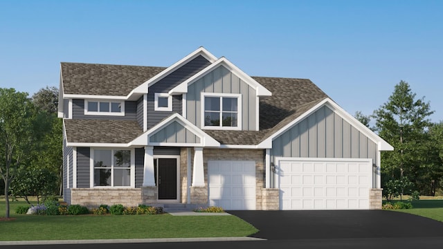 2740 Aspen Dr, Shakopee, MN 55379 - craftsman house with board and batten siding, driveway, roof with shingles, a front yard, and stone siding