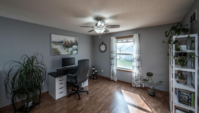 15608 Fjord Ave, Apple Valley, MN 55124 - home office featuring wood finished floors, a textured ceiling, ceiling fan, and baseboards