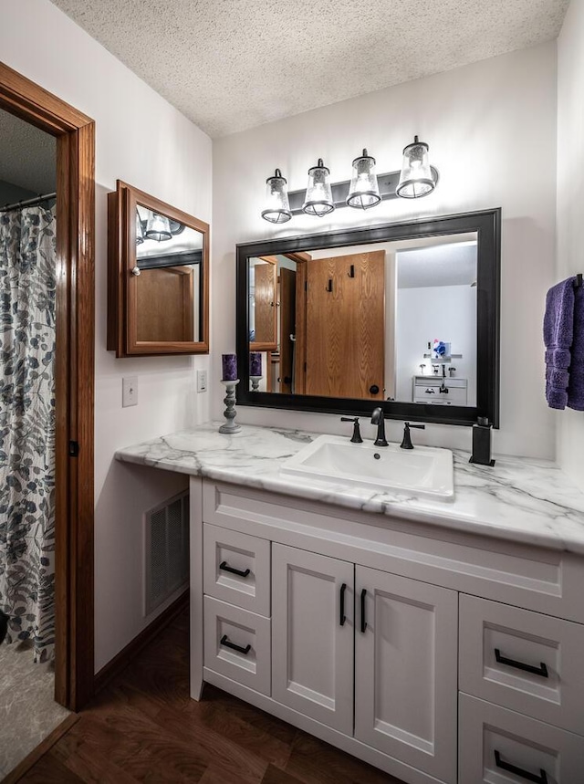 15608 Fjord Ave, Apple Valley, MN 55124 - bathroom with vanity, a textured ceiling, and wood finished floors
