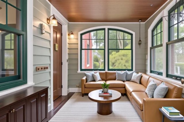 145 Robie St W, Saint Paul, MN 55107 - living room with built in features, wood finished floors, and wooden ceiling