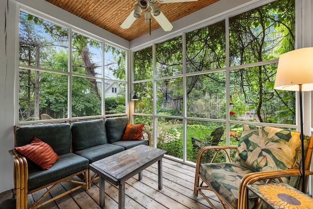 4817 Emerson Ave S, Minneapolis, MN 55419 - sunroom featuring a ceiling fan, an outdoor hangout area, and view of wooded area