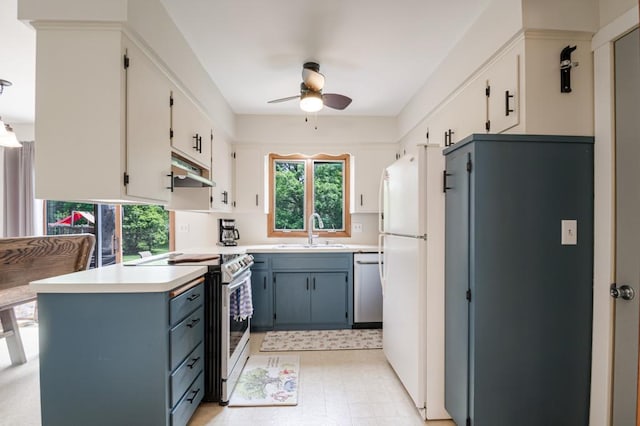 569 Driftwood Rd, New Brighton, MN 55112 - kitchen featuring electric range oven, a sink, dishwasher, under cabinet range hood, and a ceiling fan